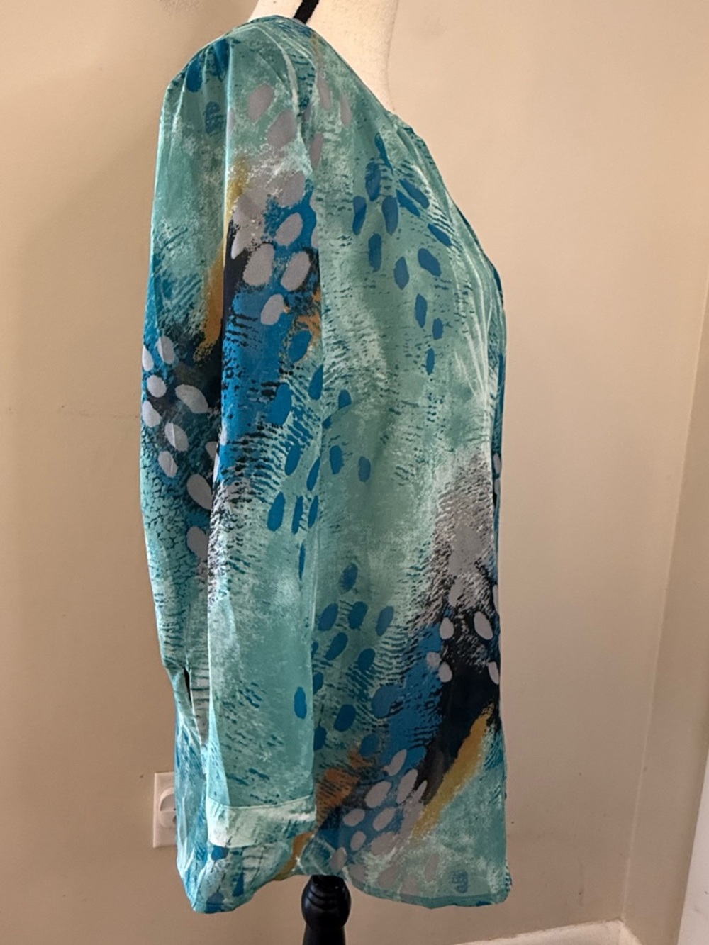 Ambrosia semi sheer long sleeves top artsy peacock colors SZ 14 - Picture 2 of 14